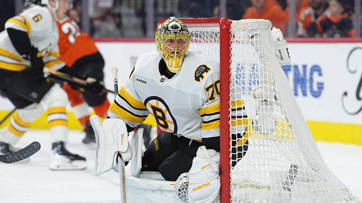 Apr 5, 2026; Philadelphia, Pennsylvania, USA; Boston Bruins goalie Joonas Korpisalo (70) in action against the Philadelphia Flyers in the first period at Xfinity Mobile Arena. Mandatory Credit: Kyle Ross-Imagn Images