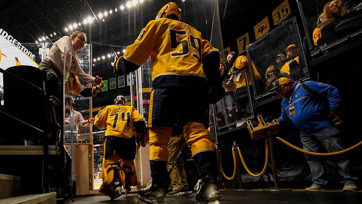 Oct 22, 2024; Nashville, Tennessee, USA; Nashville Predators goaltender Juuse Saros (74) and defenseman Roman Josi (59) take the ice during pregame warmups against the Boston Bruins at Bridgestone Arena. Mandatory Credit: Steve Roberts-Imagn Images Oct 22, 2024; Nashville, Tennessee, USA; Nashville Predators goaltender Juuse Saros (74) and defenseman Roman Josi (59) take the ice during pregame warmups against the Boston Bruins at Bridgestone Arena. Mandatory Credit: Steve Roberts-Imagn Images
