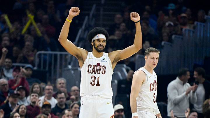 Apr 8, 2026; Cleveland, Ohio, USA; Cleveland Cavaliers center Jarrett Allen (31) celebrates beside guard Sam Merrill (5) in the third quarter against the Atlanta Hawks at Rocket Arena. Mandatory Credit: David Richard-Imagn Images Apr 8, 2026; Cleveland, Ohio, USA; Cleveland Cavaliers center Jarrett Allen (31) celebrates beside guard Sam Merrill (5) in the third quarter against the Atlanta Hawks at Rocket Arena. Mandatory Credit: David Richard-Imagn Images