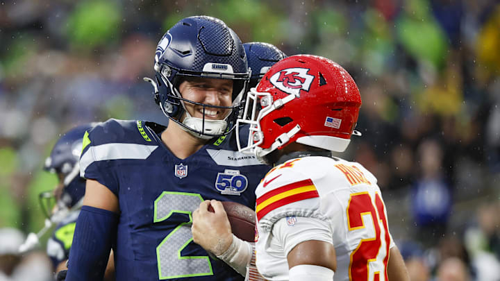 Seattle Seahawks quarterback Drew Lock (2) reacts Seattle Seahawks quarterback Drew Lock (2) reacts