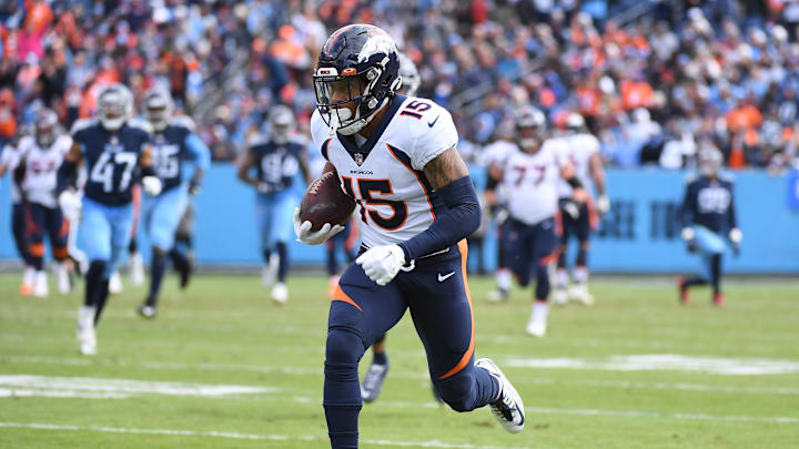 Nov 13, 2022; Nashville, Tennessee, USA; Denver Broncos wide receiver Jalen Virgil (15) runs for a