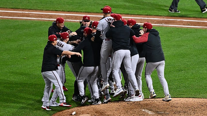 Oct 24, 2023; Philadelphia, Pennsylvania, USA; The Arizona Diamondbacks react after defeating the