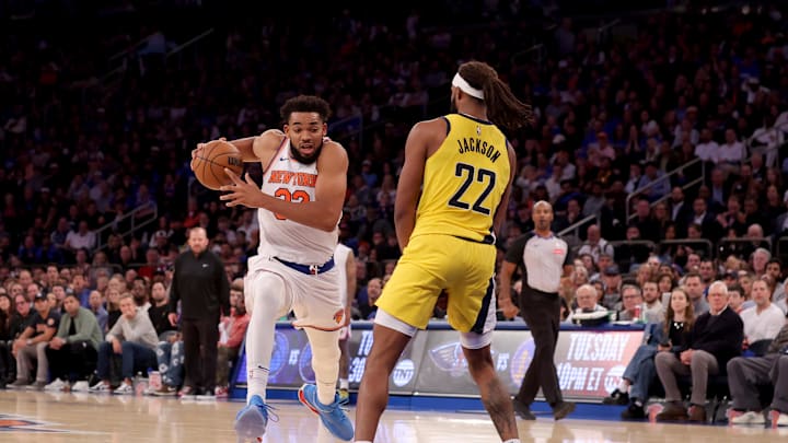 Oct 25, 2024; New York, New York, USA; New York Knicks center Karl-Anthony Towns (32) drives to the basket against Indiana Pacers forward Isaiah Jackson (22) during the third quarter at Madison Square Garden. Mandatory Credit: Brad Penner-Imagn Images
