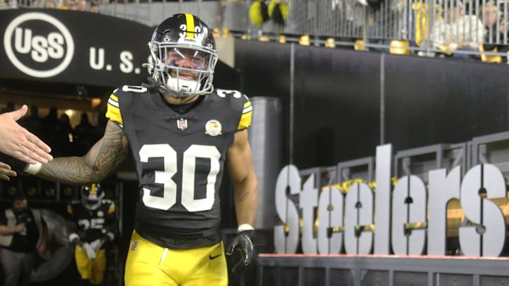 Oct 20, 2024; Pittsburgh, Pennsylvania, USA;  Pittsburgh Steelers running back Jaylen Warren (30) takes the field to warm up against the New York Jets at Acrisure Stadium. Mandatory Credit: Charles LeClaire-Imagn Images