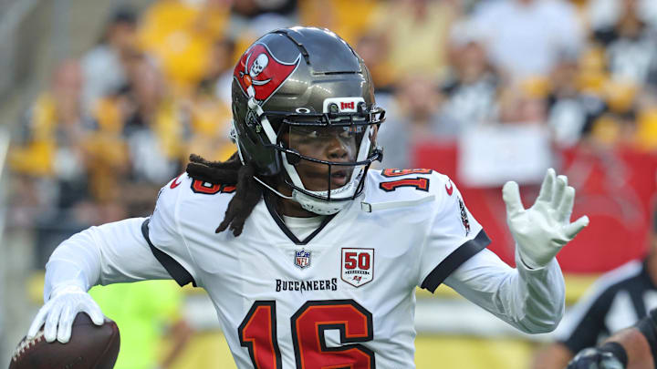 Aug 16, 2025; Pittsburgh, Pennsylvania, USA;  Tampa Bay Buccaneers quarterback Teddy Bridgewater (16) passes the ball against the Pittsburgh Steelers during the first quarter at Acrisure Stadium. Mandatory Credit: Charles LeClaire-Imagn Images