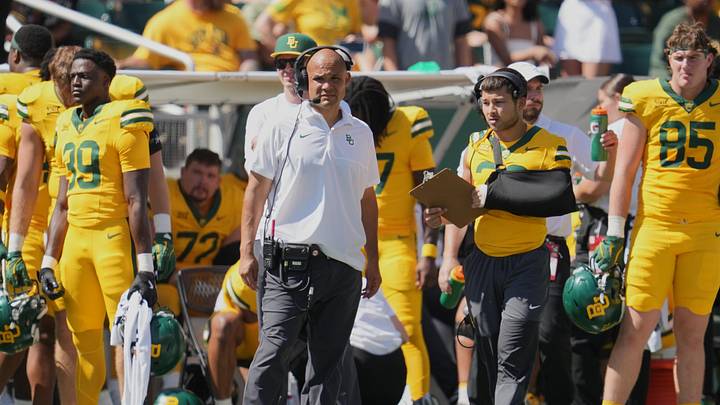 Oct 4, 2025; Waco, Texas, USA; Baylor Bears head coach Dave Aranda watches game play against the Kansas State Wildcats during the second half at McLane Stadium. Oct 4, 2025; Waco, Texas, USA; Baylor Bears head coach Dave Aranda watches game play against the Kansas State Wildcats during the second half at McLane Stadium.