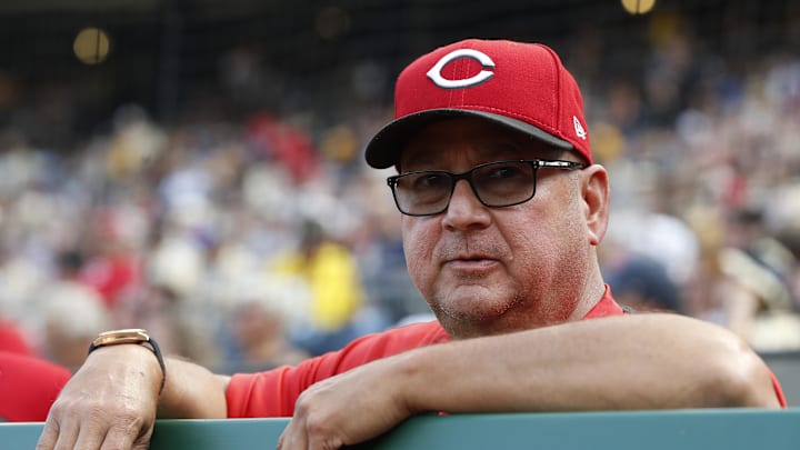 Aug 9, 2025; Pittsburgh, Pennsylvania, USA;  Cincinnati Reds manager Terry Francona (77) looks on before the game against the Pittsburgh Pirates at PNC Park. Mandatory Credit: Charles LeClaire-Imagn Images