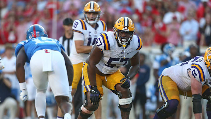 Sep 27, 2025; Oxford, Mississippi, USA; LSU Tigers offensive lineman Carius Curne (57) waits for the snap during the fourth quarter against the Mississippi Rebels at Vaught-Hemingway Stadium. Mandatory Credit: Petre Thomas-Imagn Images
