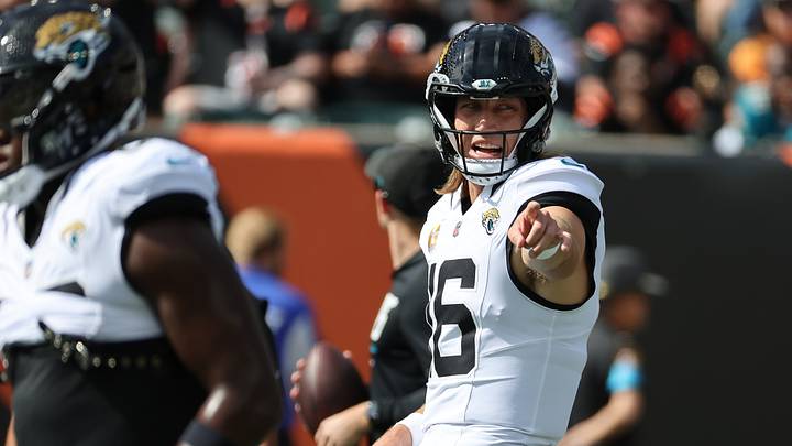 Oct 4, 2026; Cincinnati, Ohio, USA;  Jacksonville Jaguars quarterback Trevor Lawrence (16) before the game against the Cincinnati Bengals at Paycor Stadium.  Mandatory Credit: Joseph Maiorana-Imagn Images