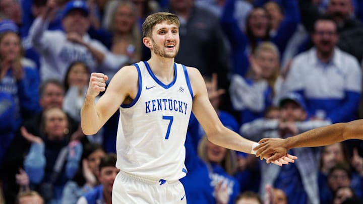 Dec 14, 2024; Lexington, Kentucky, USA; Kentucky Wildcats forward Andrew Carr (7) celebrates during the second half against the Louisville Cardinals at Rupp Arena at Central Bank Center. Mandatory Credit: Jordan Prather-Imagn Images