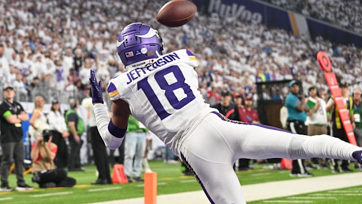 Dec 24, 2023; Minneapolis, Minnesota, USA; Minnesota Vikings wide receiver Justin Jefferson (18) at U.S. Bank Stadium. Mandatory Credit: Jeffrey Becker-USA TODAY Sports