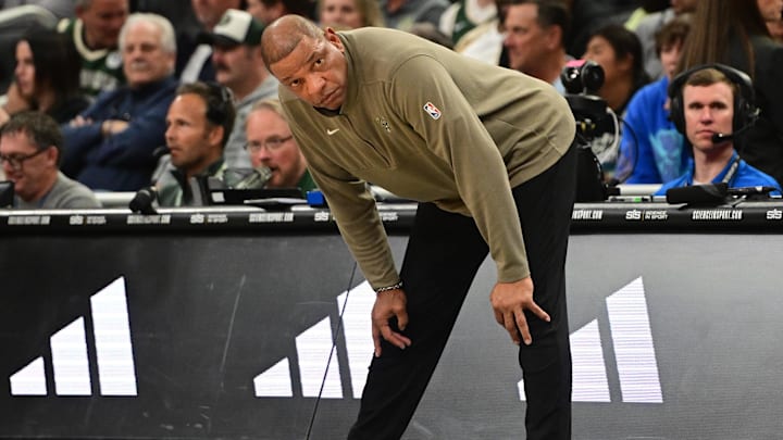 Apr 10, 2024; Milwaukee, Wisconsin, USA;  Milwaukee Bucks head coach Doc Rivers looks on in a game against Orlando. 