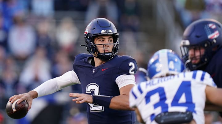 Nov 8, 2025; East Hartford, Connecticut, USA; UConn Huskies quarterback Joe Fagnano (2) throws a pass against the Duke Blue Devils in the first quarter at Pratt & Whitney Stadium at Rentschler Field. Mandatory Credit: David Butler II-Imagn Images