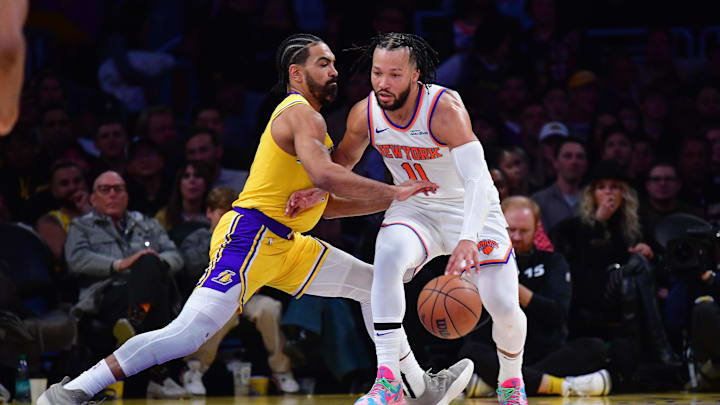 Mar 6, 2025; Los Angeles, California, USA; New York Knicks guard Jalen Brunson (11) moves the ball against Los Angeles Lakers guard Gabe Vincent (7) during the second half at Crypto.com Arena. Mandatory Credit: Gary A. Vasquez-Imagn Images Mar 6, 2025; Los Angeles, California, USA; New York Knicks guard Jalen Brunson (11) moves the ball against Los Angeles Lakers guard Gabe Vincent (7) during the second half at Crypto.com Arena. Mandatory Credit: Gary A. Vasquez-Imagn Images