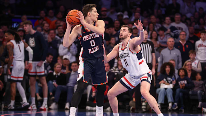 Nov 28, 2025; New York, New York, USA; Illinois Fighting Illini forward David Mirkovic (0) is guarded by UConn Huskies forward Alex Karaban (11) in the first half at Madison Square Garden. Mandatory Credit: Wendell Cruz-Imagn Images Nov 28, 2025; New York, New York, USA; Illinois Fighting Illini forward David Mirkovic (0) is guarded by UConn Huskies forward Alex Karaban (11) in the first half at Madison Square Garden. Mandatory Credit: Wendell Cruz-Imagn Images