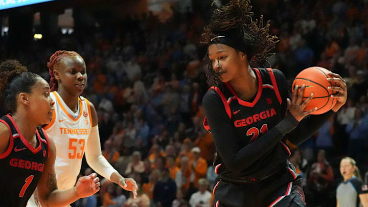 Georgia's Fatima Diakhate (21) gets the rebound during an NCAA college basketball game against Tennessee on Sunday, March 2, 2025, in Knoxville, Tenn. Georgia's Fatima Diakhate (21) gets the rebound during an NCAA college basketball game against Tennessee on Sunday, March 2, 2025, in Knoxville, Tenn.