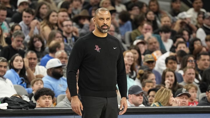 Mar 12, 2024; San Antonio, Texas, USA; Houston Rockets head coach Ime Udoka watches the second half of play against the San Antonio Spurs at Frost Bank Center. Mandatory Credit: Scott Wachter-USA TODAY Sports