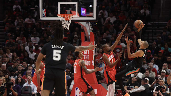 Jan 20, 2026; Houston, Texas, USA;San Antonio Spurs forward Victor Wembanyama (1) shoots against Houston Rockets forward Kevin Durant (7) in the first quarter at Toyota Center. Mandatory Credit: Thomas Shea-Imagn Images Jan 20, 2026; Houston, Texas, USA;San Antonio Spurs forward Victor Wembanyama (1) shoots against Houston Rockets forward Kevin Durant (7) in the first quarter at Toyota Center. Mandatory Credit: Thomas Shea-Imagn Images