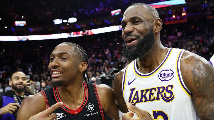 Dec 7, 2025; Philadelphia, Pennsylvania, USA; Los Angeles Lakers forward Lebron James (23) and Philadelphia 76ers guard Tyrese Maxey after the game at Xfinity Mobile Arena. Mandatory Credit: Bill Streicher-Imagn Images Dec 7, 2025; Philadelphia, Pennsylvania, USA; Los Angeles Lakers forward Lebron James (23) and Philadelphia 76ers guard Tyrese Maxey after the game at Xfinity Mobile Arena. Mandatory Credit: Bill Streicher-Imagn Images