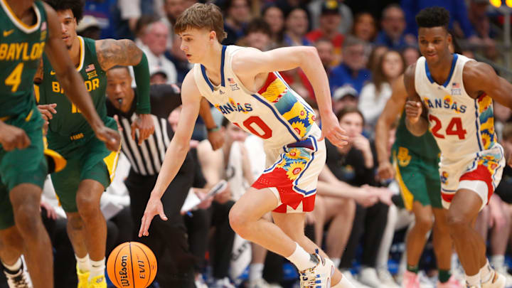 Kansas freshman guard Johnny Furphy (10) steals the ball from Baylor in the first half of the game