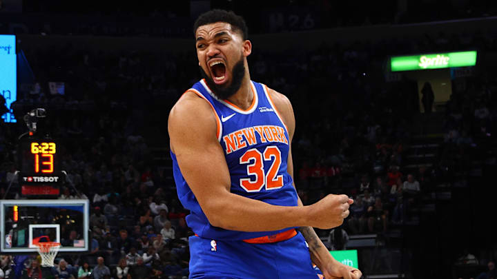Feb 28, 2025; Memphis, Tennessee, USA; New York Knicks center Karl-Anthony Towns (32) reacts during the second quarter against the Memphis Grizzlies at FedExForum. Mandatory Credit: Petre Thomas-Imagn Images