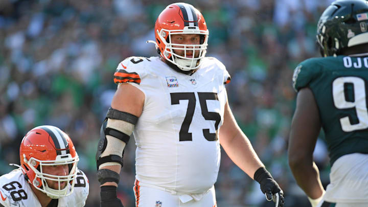 Oct 13, 2024; Philadelphia, Pennsylvania, USA; Cleveland Browns guard Joel Bitonio (75) against the Philadelphia Eagles at Lincoln Financial Field. Mandatory Credit: Eric Hartline-Imagn Images