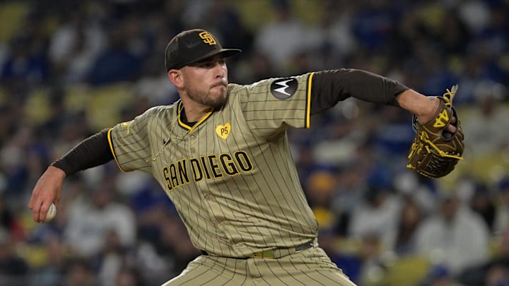 Sep 26, 2024; Los Angeles, California, USA; San Diego Padres starting pitcher Joe Musgrove (44) delivers to the plate in the first inning against the Los Angeles Dodgers at Dodger Stadium. Mandatory Credit: Jayne Kamin-Oncea-Imagn Images Sep 26, 2024; Los Angeles, California, USA; San Diego Padres starting pitcher Joe Musgrove (44) delivers to the plate in the first inning against the Los Angeles Dodgers at Dodger Stadium. Mandatory Credit: Jayne Kamin-Oncea-Imagn Images