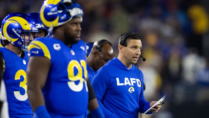 Jan 13, 2025; Glendale, AZ, USA; Los Angeles Rams defensive coordinator Chris Shula against the Minnesota Vikings during an NFC wild card game at State Farm Stadium. Mandatory Credit: Mark J. Rebilas-Imagn Images