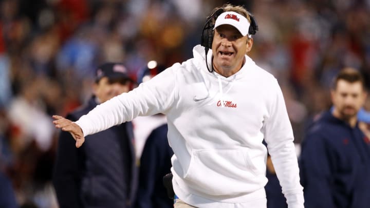 Nov 23, 2023; Starkville, Mississippi, USA; Mississippi Rebels head coach Lane Kiffin reacts during the second half  against the Mississippi State Bulldogs at Davis Wade Stadium at Scott Field. Mandatory Credit: Petre Thomas-USA TODAY Sports
