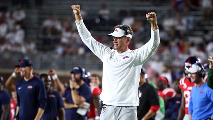 Aug 30, 2025; Oxford, Mississippi, USA; Mississippi Rebels head coach Lane Kiffin gestures during the fourth quarter against the Georgia State Panthers at Vaught-Hemingway Stadium. Mandatory Credit: Petre Thomas-Imagn Images