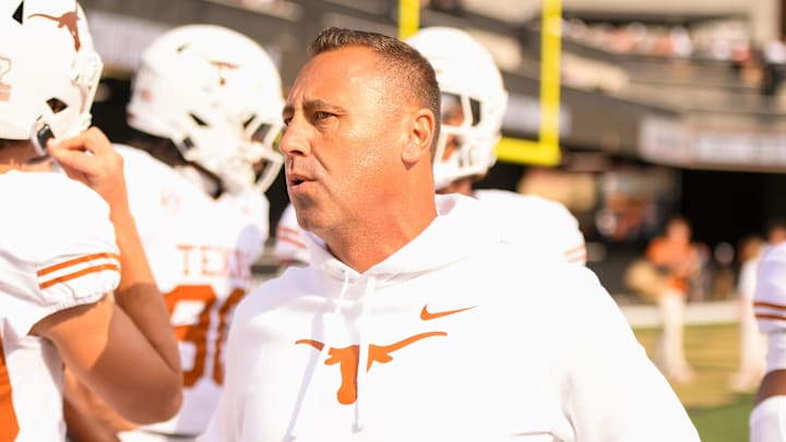 Oct 26, 2024; Nashville, Tennessee, USA;  Texas Longhorns head coach Steve Sarkisian waits for his team to take the field before a game against the Vanderbilt Commodores at FirstBank Stadium.