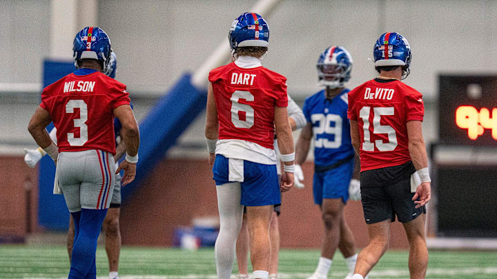New York Giants quarterbacks Russell Wilson (3), Jaxson Dart (6) and Tommy DeVito (15) perform drills together during Mandatory Minicamp at Quest Diagnostics Giants Training Center in East Rutherford on Tuesday, June 17, 2025.