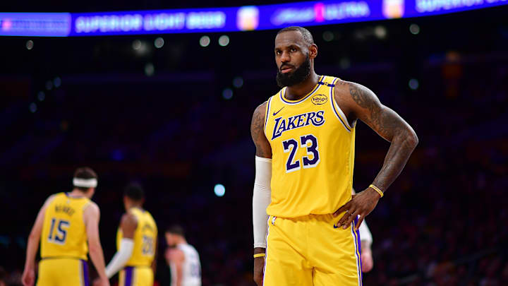 Apr 3, 2025; Los Angeles, California, USA; Los Angeles Lakers forward LeBron James (23) during the second half at Crypto.com Arena. Mandatory Credit: Gary A. Vasquez-Imagn Images Apr 3, 2025; Los Angeles, California, USA; Los Angeles Lakers forward LeBron James (23) during the second half at Crypto.com Arena. Mandatory Credit: Gary A. Vasquez-Imagn Images