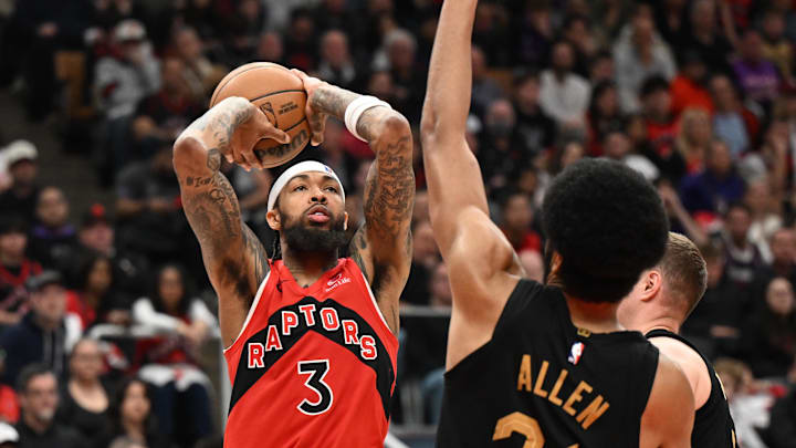 Apr 26, 2026; Toronto, Ontario, CAN;  Toronto Raptors forward Brandon Ingram (3) shoots the ball as Cleveland Cavaliers center Jarrett Allen (31) defends during game four of the first round of the 2026 NBA Playoffs at Scotiabank Arena. Mandatory Credit: Dan Hamilton-Imagn Images
