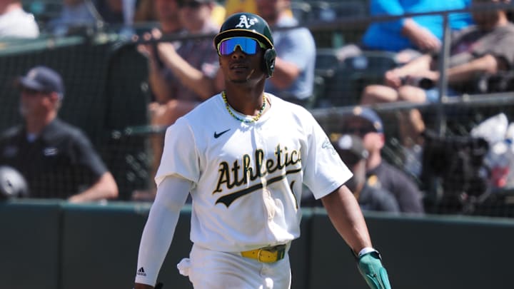 May 1, 2024; Oakland, California, USA; Oakland Athletics center fielder Esteury Ruiz (1) reacts after scoring a run against the Pittsburgh Pirates during the eighth inning at Oakland-Alameda County Coliseum. Mandatory Credit: Kelley L Cox-Imagn Images