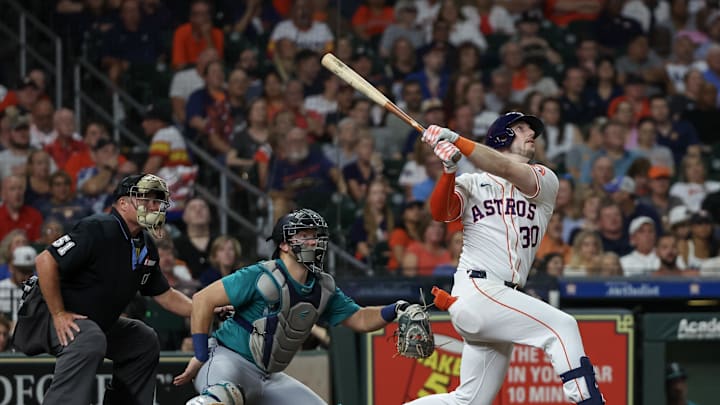 Sep 24, 2024; Houston, Texas, USA; Houston Astros right fielder Kyle Tucker (30) hits a home run against the Seattle Mariners in the fourth inning at Minute Maid Park. Mandatory Credit: Thomas Shea-Imagn Images Sep 24, 2024; Houston, Texas, USA; Houston Astros right fielder Kyle Tucker (30) hits a home run against the Seattle Mariners in the fourth inning at Minute Maid Park. Mandatory Credit: Thomas Shea-Imagn Images