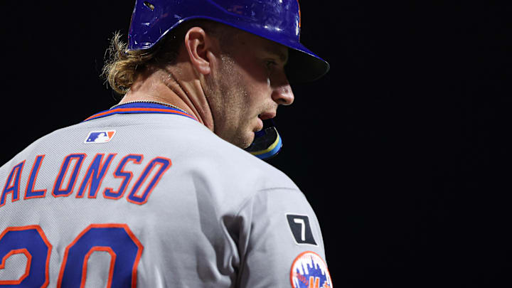 Sep 10, 2025; Philadelphia, Pennsylvania, USA; New York Mets first base Pete Alonso (20) prepares to bat against the Philadelphia Phillies at Citizens Bank Park. Mandatory Credit: Bill Streicher-Imagn Images