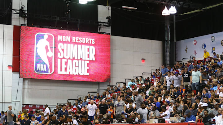 Jul 6, 2018; Las Vegas, NV, USA; Detailed view of a NBA Summer League logo in the Cox Pavilion during a Brooklyn Nets game against the Orlando Magic. Mandatory Credit: Mark J. Rebilas-Imagn Images Jul 6, 2018; Las Vegas, NV, USA; Detailed view of a NBA Summer League logo in the Cox Pavilion during a Brooklyn Nets game against the Orlando Magic. Mandatory Credit: Mark J. Rebilas-Imagn Images