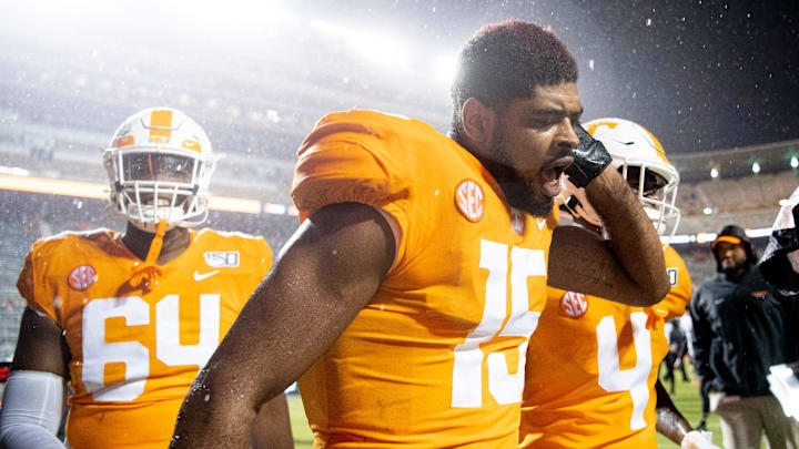 Tennessee wide receiver Jauan Jennings (15) celebrates after defeating Vanderbilt 28-10 at Neyland Stadium in Knoxville, Tenn. on Saturday, Nov. 30, 2019.

VOL VANDY SPORTS FRONT