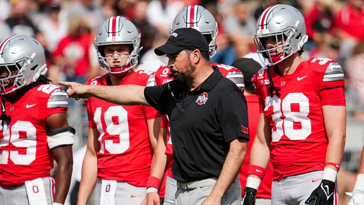 Ohio State Buckeyes head coach Ryan Day leads warm ups prior to the NCAA football game against the Kent State Golden Flashes at Ohio Stadium in Columbus on Sept. 19, 2026.