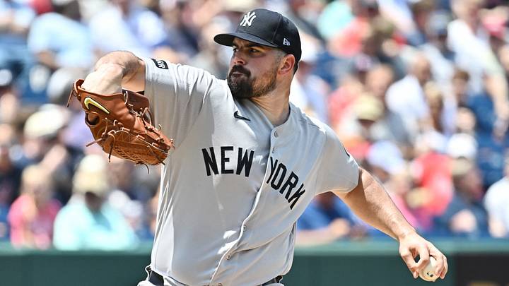 Jun 10, 2026; Cleveland, Ohio, USA; New York Yankees pitcher Carlos Rodon (55) throws a pitch during the first inning against the Cleveland Guardians at Progressive Field. Mandatory Credit: Ken Blaze-Imagn Images Jun 10, 2026; Cleveland, Ohio, USA; New York Yankees pitcher Carlos Rodon (55) throws a pitch during the first inning against the Cleveland Guardians at Progressive Field. Mandatory Credit: Ken Blaze-Imagn Images