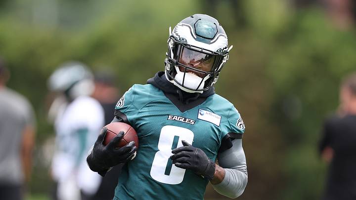 Jun 10, 2026; Philadelphia, PA, USA; Philadelphia Eagles running back Tank Bigsby (8) during minicamp at Jefferson Health Training Complex. Jun 10, 2026; Philadelphia, PA, USA; Philadelphia Eagles running back Tank Bigsby (8) during minicamp at Jefferson Health Training Complex.
