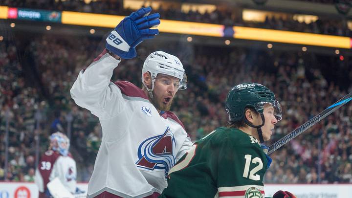 May 9, 2026; Saint Paul, Minnesota, USA; Colorado Avalanche right wing Valeri Nichushkin (13) reacts to a play by Minnesota Wild left wing Matt Boldy (12) in the second period of game three of the second round of the 2026 Stanley Cup Playoffs at Grand Casino Arena. Mandatory Credit: Matt Blewett-Imagn Images