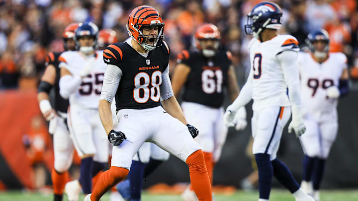 Dec 28, 2024; Cincinnati, Ohio, USA; Cincinnati Bengals tight end Mike Gesicki (88) reacts after a play against the Denver Broncos in the first half at Paycor Stadium. Mandatory Credit: Katie Stratman-Imagn Images