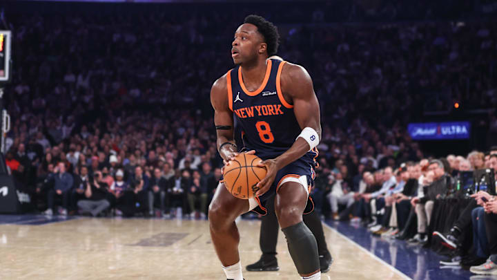 Jan 6, 2025; New York, New York, USA; New York Knicks forward OG Anunoby (8) spots up for a three point shot in the first quarter against the Orlando Magic at Madison Square Garden. Mandatory Credit: Wendell Cruz-Imagn Images Jan 6, 2025; New York, New York, USA; New York Knicks forward OG Anunoby (8) spots up for a three point shot in the first quarter against the Orlando Magic at Madison Square Garden. Mandatory Credit: Wendell Cruz-Imagn Images