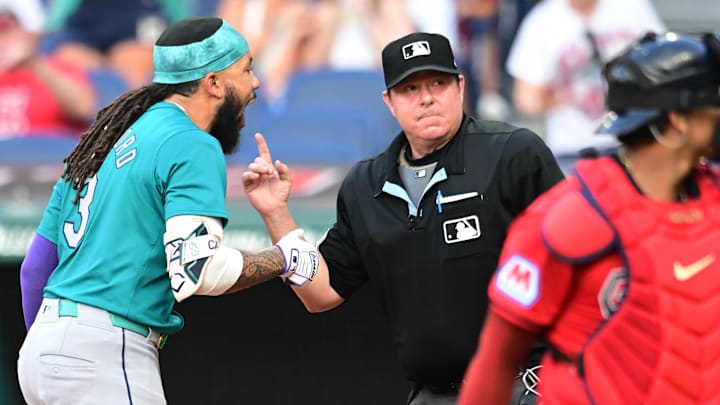 Seattle Mariners shortstop J.P. Crawford (3) is ejected by umpire Doug Eddings (88) for arguing after a strike out during the fifth inning against the Cleveland Guardians at Progressive Field on June 19. Seattle Mariners shortstop J.P. Crawford (3) is ejected by umpire Doug Eddings (88) for arguing after a strike out during the fifth inning against the Cleveland Guardians at Progressive Field on June 19.