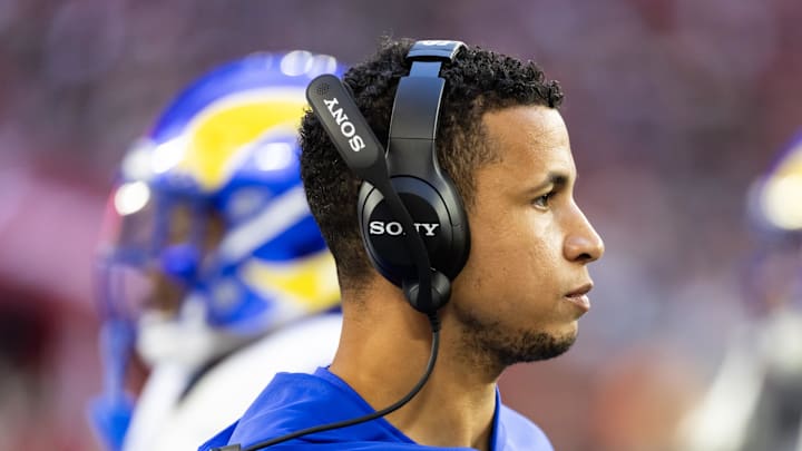 Dec 7, 2025; Glendale, Arizona, USA; Los Angeles Rams  pass game coordinator Nate Scheelhaase against the Arizona Cardinals at State Farm Stadium. Mandatory Credit: Mark J. Rebilas-Imagn Images