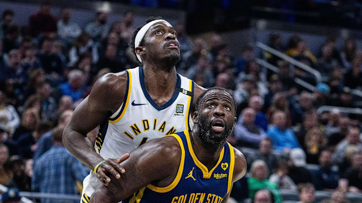Feb 8, 2024; Indianapolis, Indiana, USA; Golden State Warriors forward Draymond Green (23) boxes out