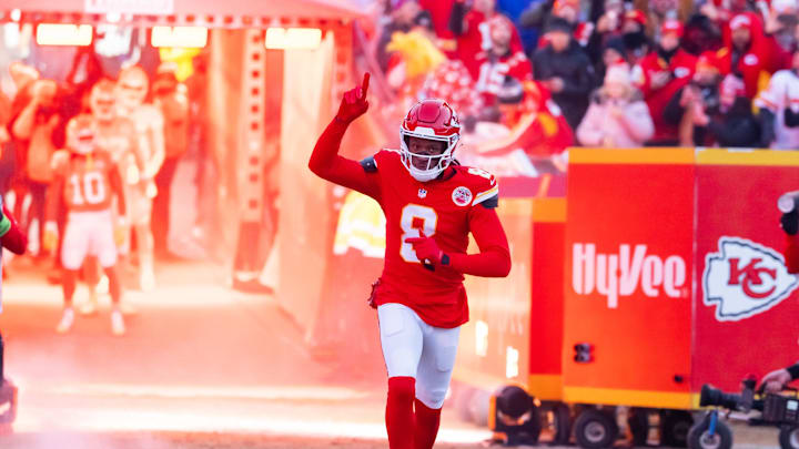 Jan 26, 2025; Kansas City, MO, USA; Kansas City Chiefs wide receiver DeAndre Hopkins (8) against the Buffalo Bills in the AFC Championship game at GEHA Field at Arrowhead Stadium. Mandatory Credit: Mark J. Rebilas-Imagn Images