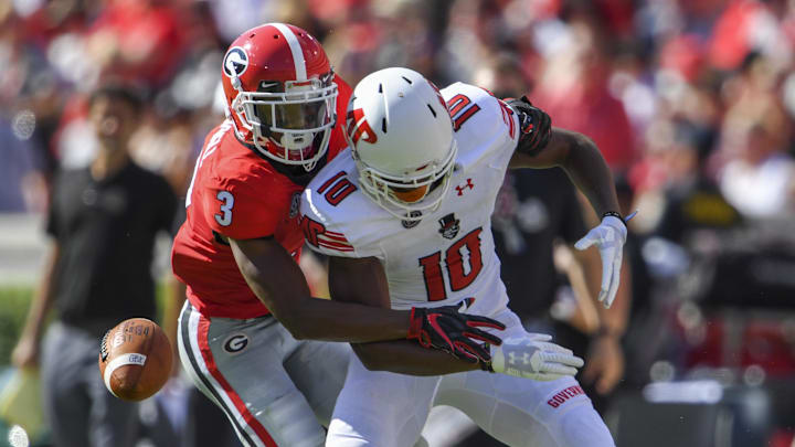 Sep 1, 2018; Athens, GA, USA; Georgia Bulldogs defensive back Tyson Campbell (3) breaks up a pass against Austin Peay Governors wide receiver Gorel Soumare (10) during the first half at Sanford Stadium. Mandatory Credit: Dale Zanine-Imagn Images Sep 1, 2018; Athens, GA, USA; Georgia Bulldogs defensive back Tyson Campbell (3) breaks up a pass against Austin Peay Governors wide receiver Gorel Soumare (10) during the first half at Sanford Stadium. Mandatory Credit: Dale Zanine-Imagn Images